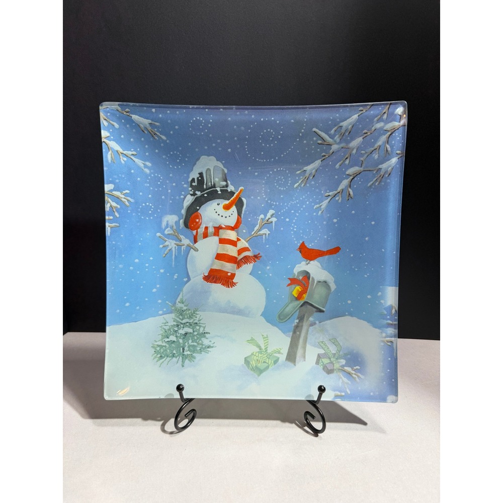 Transpac TII Collections Snowman Glass Plate Cardinal Winter Decor W6456 Blue
